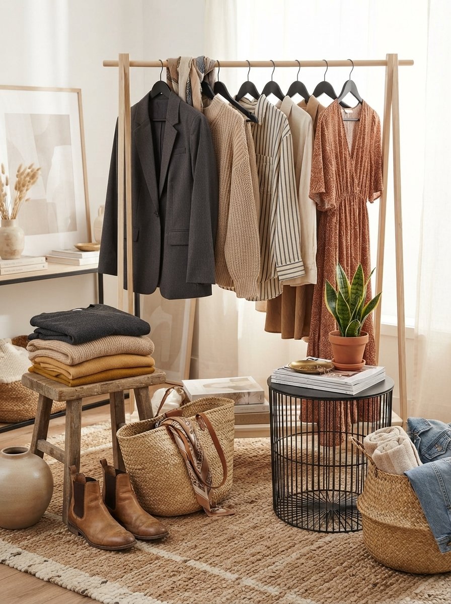 Folded sweaters, a woven tote, and boots styled with a clothing rack of jackets and dresses